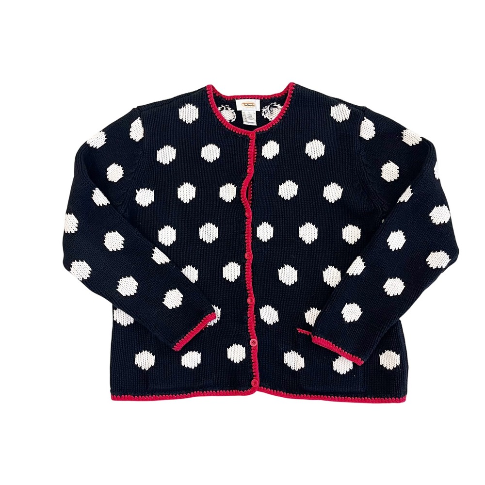 Talbots Black White Polka Dot Cotton Knit Cardigan Red Trim Retro Size Large
